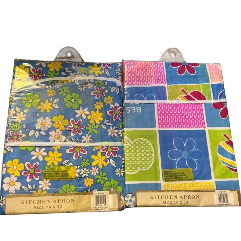 Vtg‎ NOS Kitchen Aprons Set Of 2 Floral 80s 90s 26x33 Cotton With Vinyl Backing